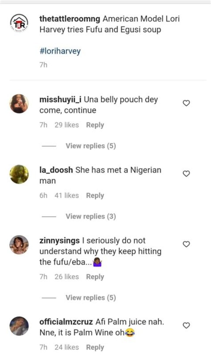 
American Model, Lori Harvey, Stirs Reactions As She Eats Fufu And Egusi With A Bottle Of Palm Wine 